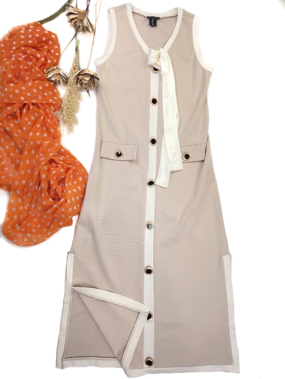 Nicole Miller Sleeveless Cream Tie-Neck Button Front Midi Dress Sz L